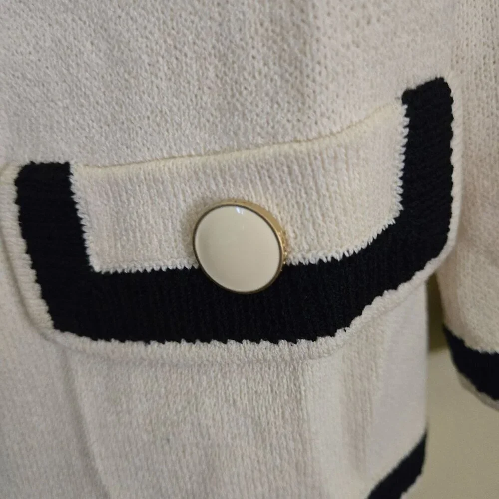 St. John Caviar Jacket Cream Black Santana Knit Full Zip 3/4 Sleeve Size 2